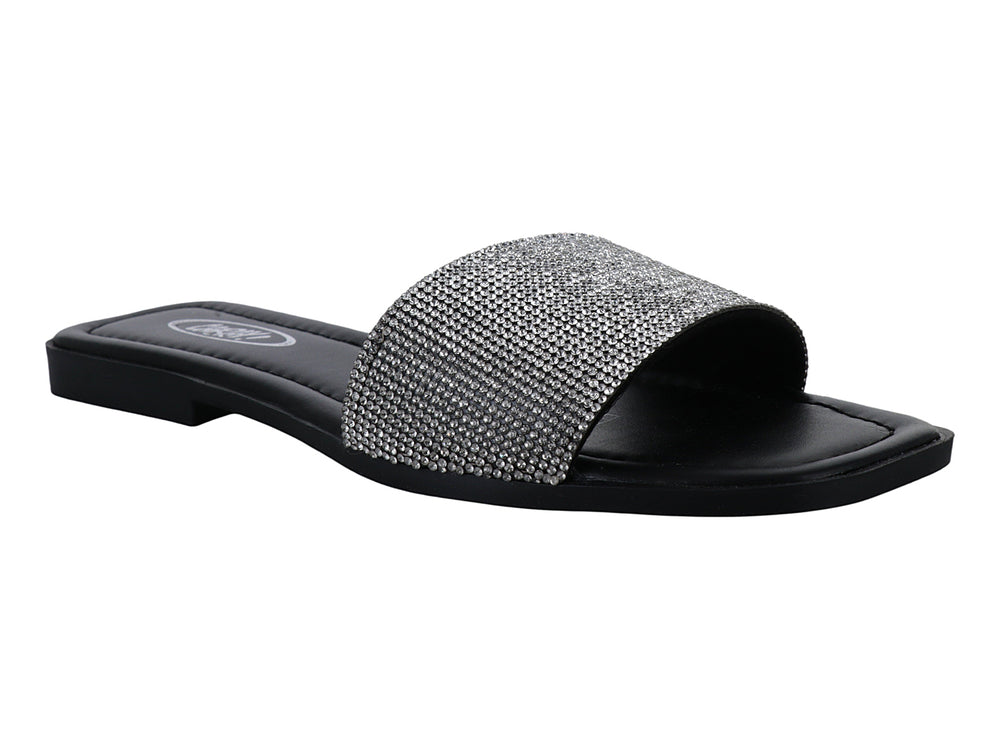 Sandalia slide de suela negra con banda ancha decorada con brillantes color plata.