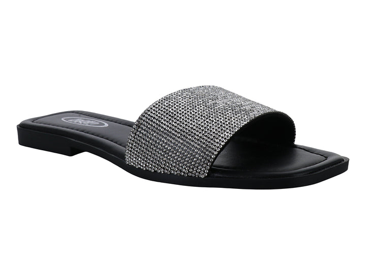 Sandalia slide de suela negra con banda ancha decorada con brillantes color plata.