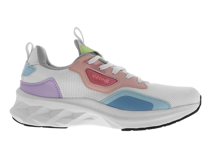 Tenis blancos de malla con detalles en rosa, azul y verde, con suela gruesa blanca y base negra.