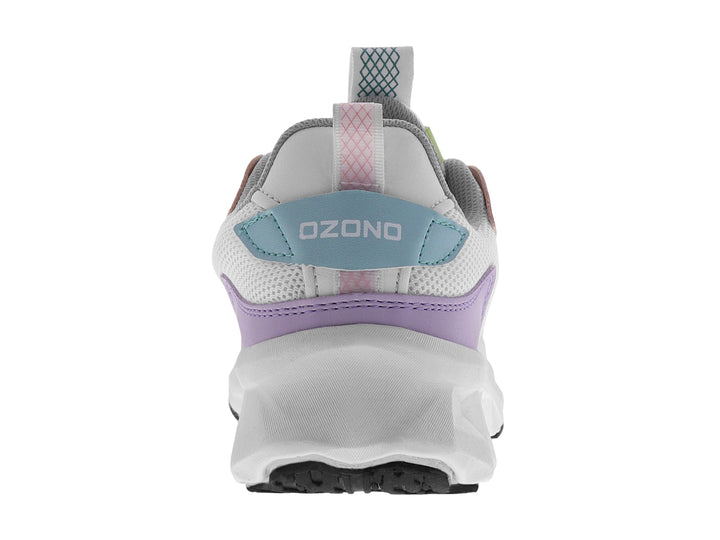 Tenis blancos de malla con detalles en rosa, azul y verde, con suela gruesa blanca y base negra.
