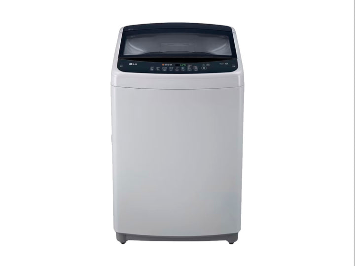 Lavadora automática LG de 18 kg en color plata con tapa superior negra y panel de control digital.