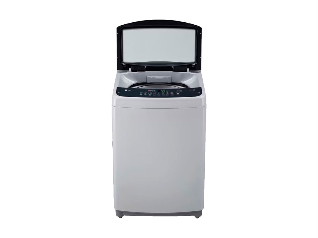 Lavadora automática LG de 18 kg en color plata con tapa superior negra y panel de control digital.