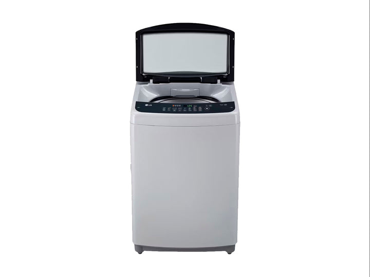 Lavadora automática LG de 18 kg en color plata con tapa superior negra y panel de control digital.