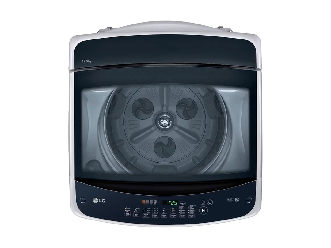Lavadora automática LG de 18 kg en color plata con tapa superior negra y panel de control digital.