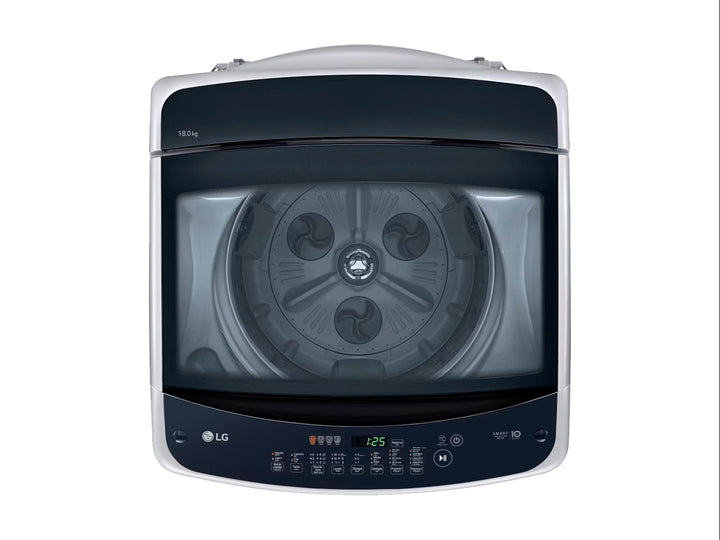 Lavadora automática LG de 18 kg en color plata con tapa superior negra y panel de control digital.