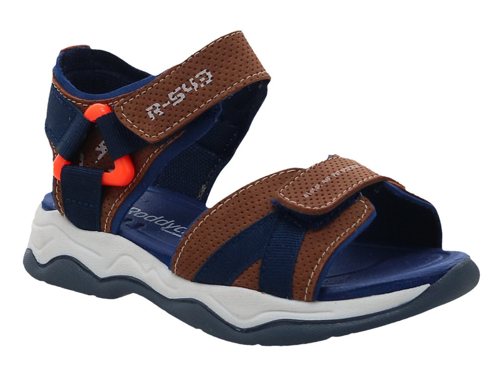 Sandalia deportiva azul y arena con suela blanca y detalles en naranja.