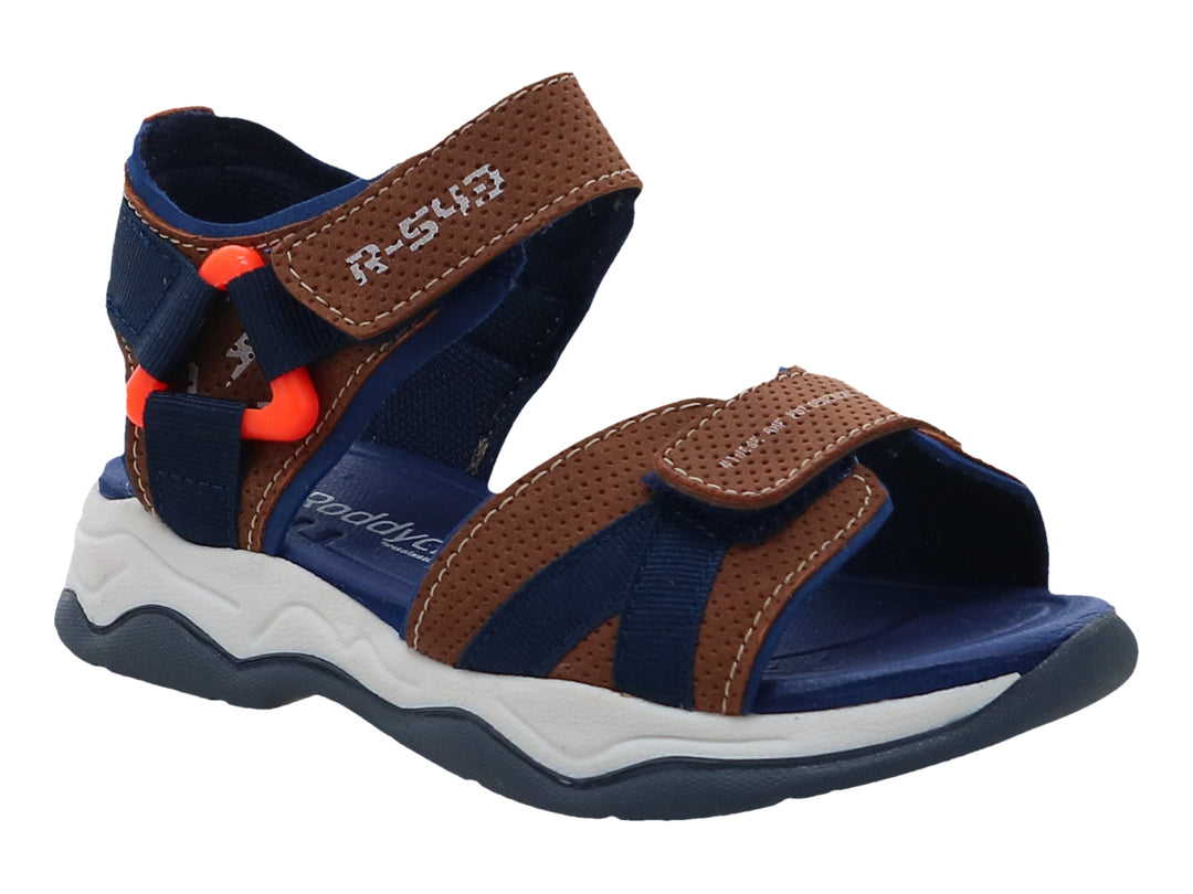 Sandalia deportiva azul y arena con suela blanca y detalles en naranja.