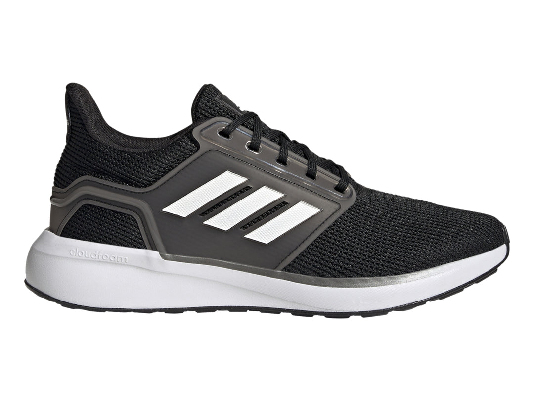 Tenis deportivos Adidas en color negro con detalles en blanco y gris, diseño ligero para correr.