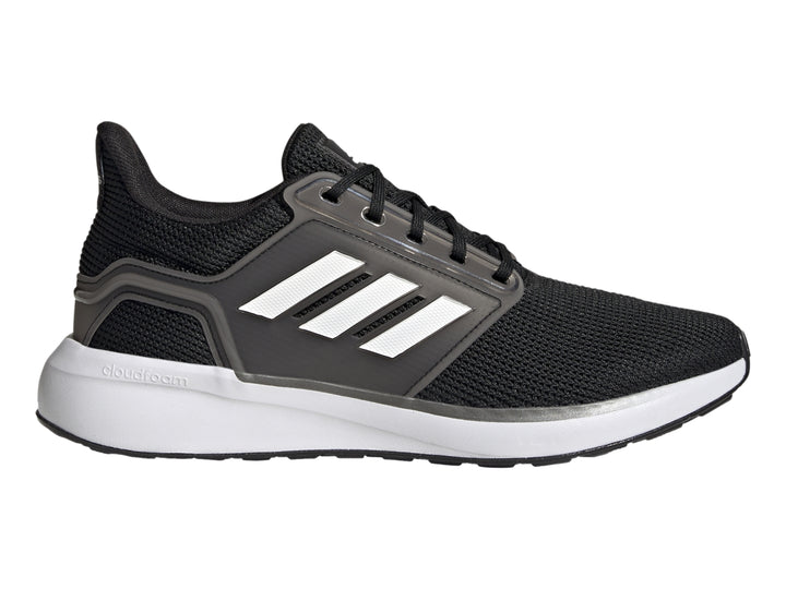Tenis deportivos Adidas en color negro con detalles en blanco y gris, diseño ligero para correr.