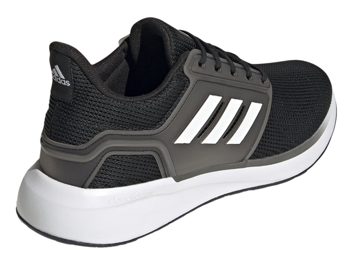 Tenis deportivos Adidas en color negro con detalles en blanco y gris, diseño ligero para correr.