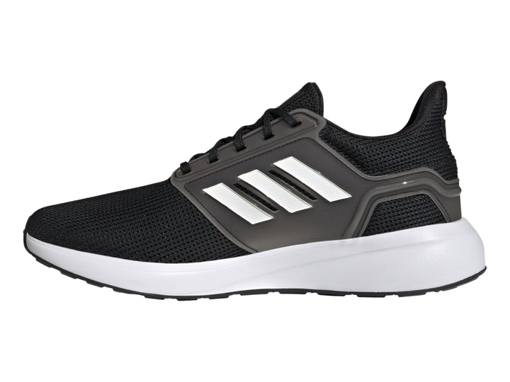Tenis deportivos Adidas en color negro con detalles en blanco y gris, diseño ligero para correr.