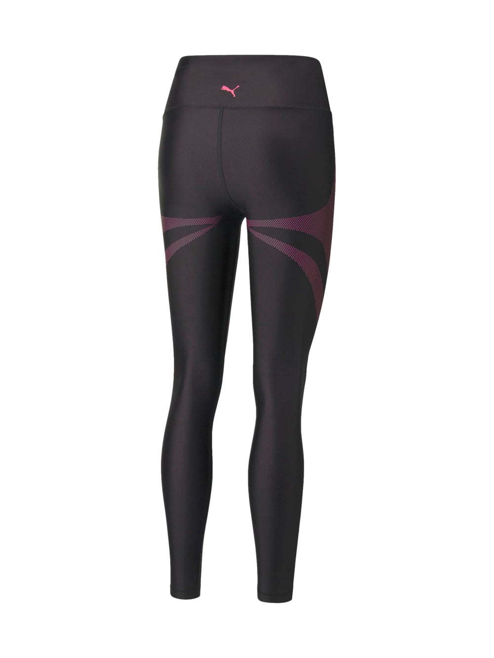 Leggings deportivos PUMA de talle alto en color negro con detalles curvos en rosa.