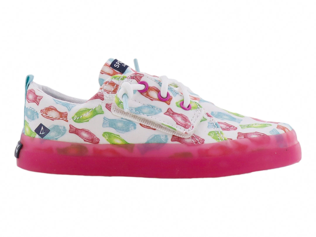 Zapato blanco para Niña con estampado de peces coloridos y suela rosa.