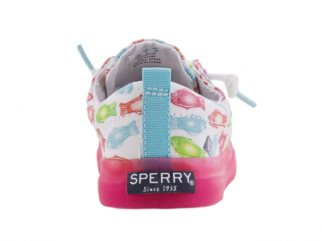 Zapato blanco para Niña con estampado de peces coloridos y suela rosa.