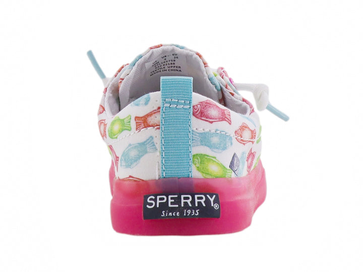 Zapato blanco para Niña con estampado de peces coloridos y suela rosa.