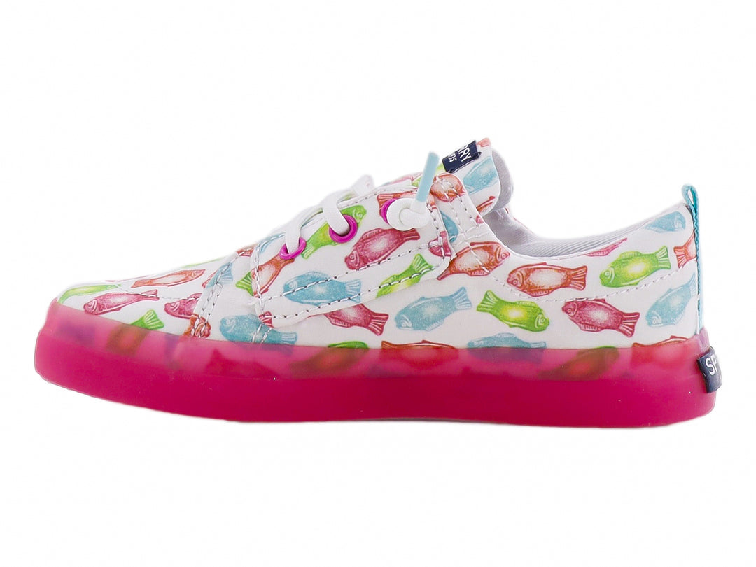 Zapato blanco para Niña con estampado de peces coloridos y suela rosa.