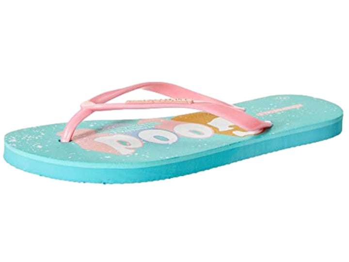 Sandalias Aeropostale para niña en color aqua con tiras color rosa y detalles brillantes.