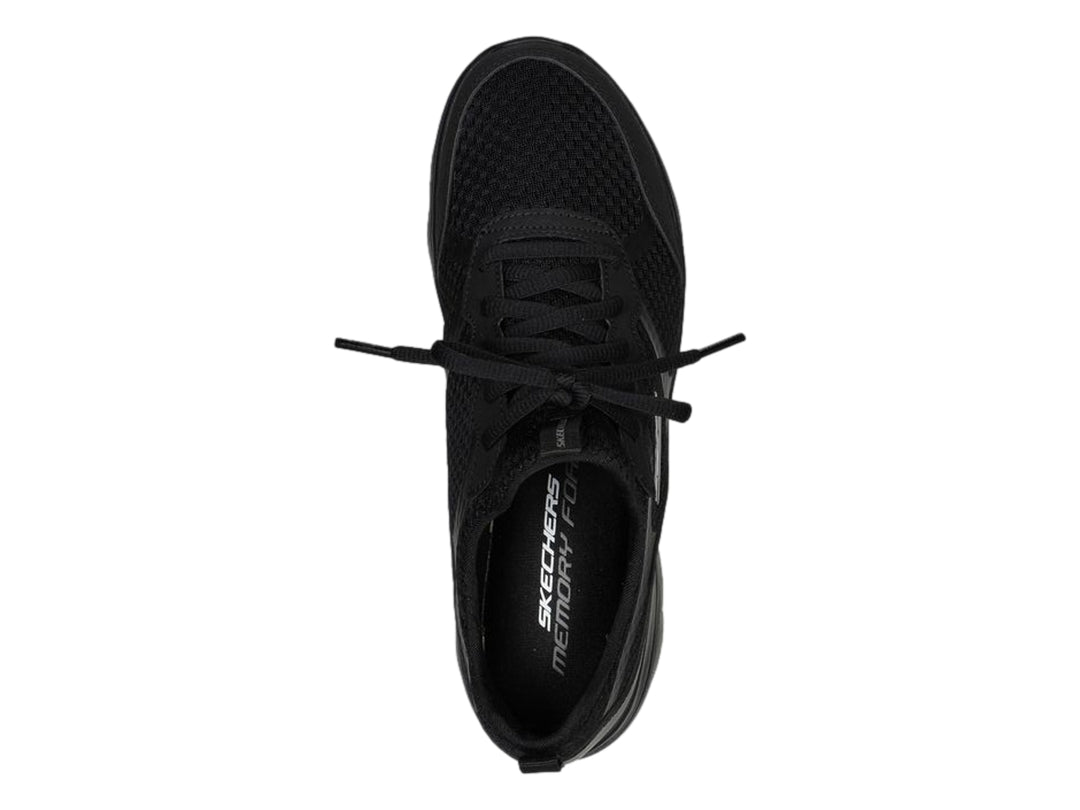 Tenis deportivos Skechers modelo Summits en color negro total con agujetas y suela flexible.