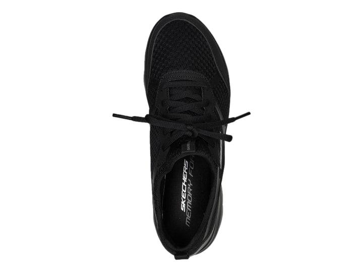 Tenis deportivos Skechers modelo Summits en color negro total con agujetas y suela flexible.