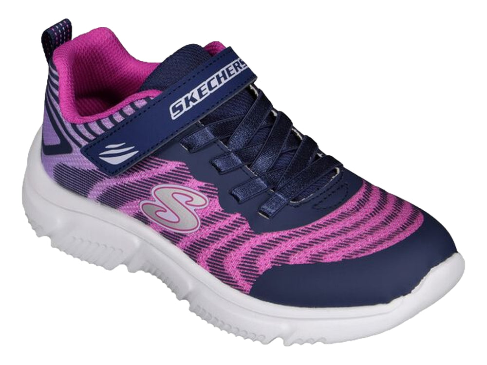Tenis deportivos Skechers en color azul marino y rosa con suela blanca y correa de velcro.