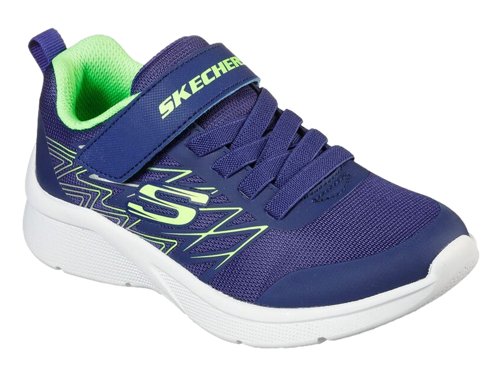 Tenis deportivos Skechers color azul con detalles en verde lima y suela blanca.