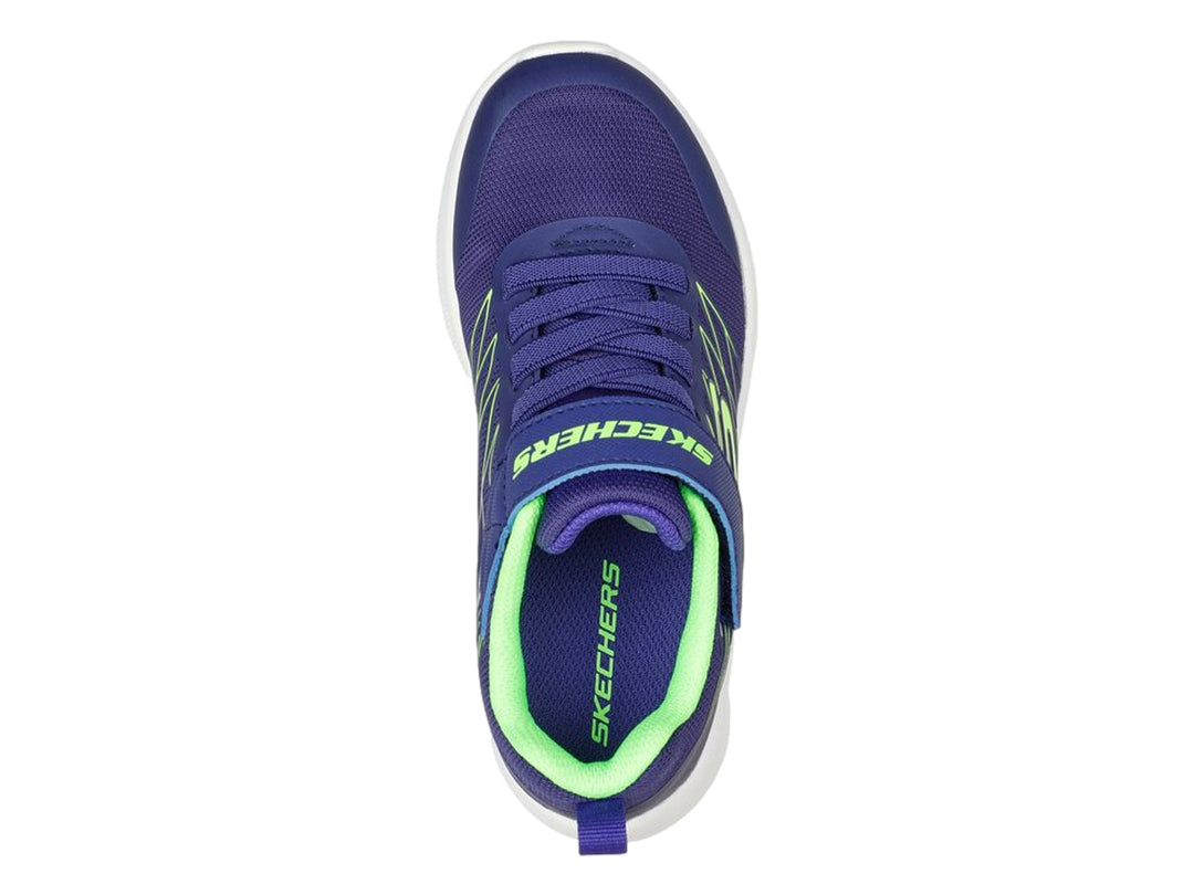 Tenis deportivos Skechers color azul con detalles en verde lima y suela blanca.