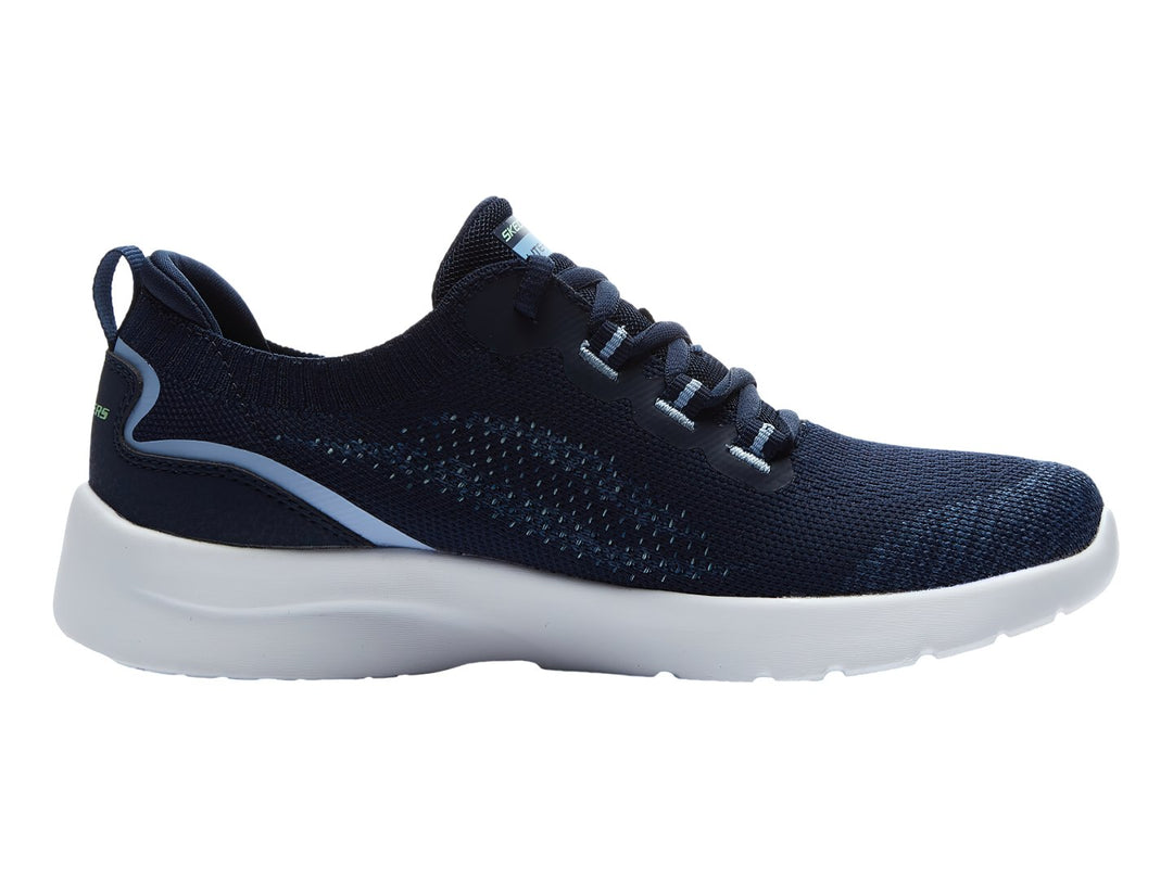 Tenis deportivos Skechers color azul marino con suela blanca y detalles en azul claro.