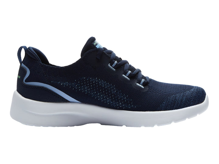 Tenis deportivos Skechers color azul marino con suela blanca y detalles en azul claro.