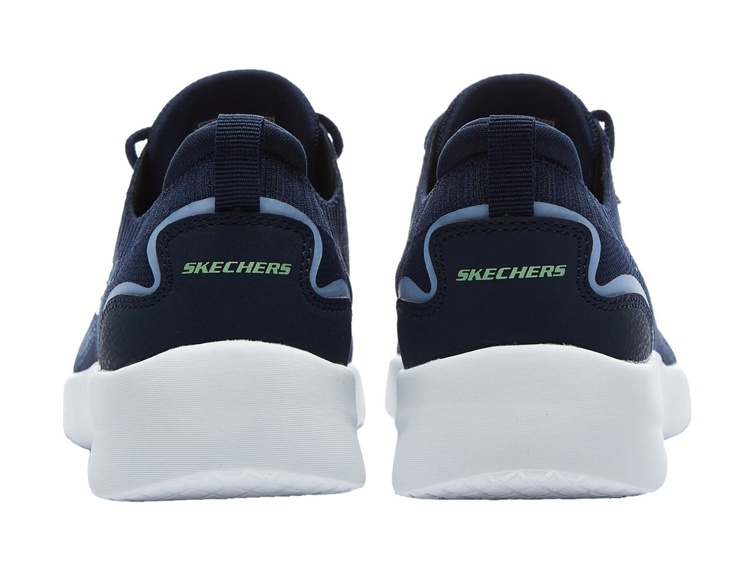 Tenis deportivos Skechers color azul marino con suela blanca y detalles en azul claro.