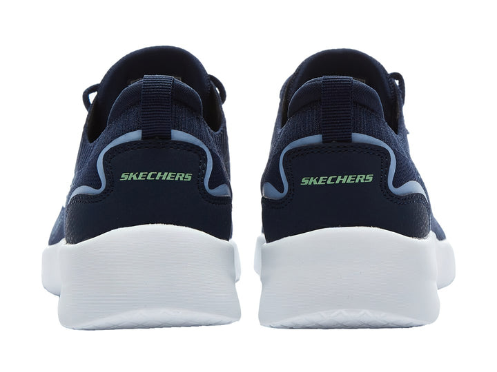 Tenis deportivos Skechers color azul marino con suela blanca y detalles en azul claro.