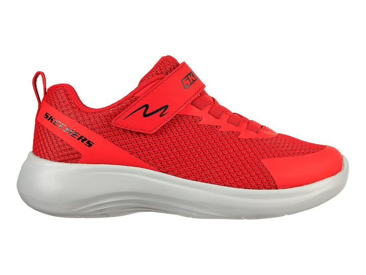 Tenis deportivos Skechers color rojo con suela blanca y correa de velcro.