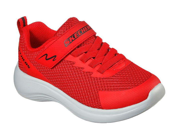 Tenis deportivos Skechers color rojo con suela blanca y correa de velcro.
