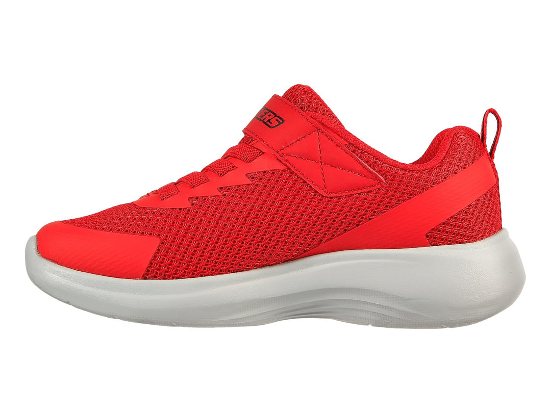 Tenis deportivos Skechers color rojo con suela blanca y correa de velcro.