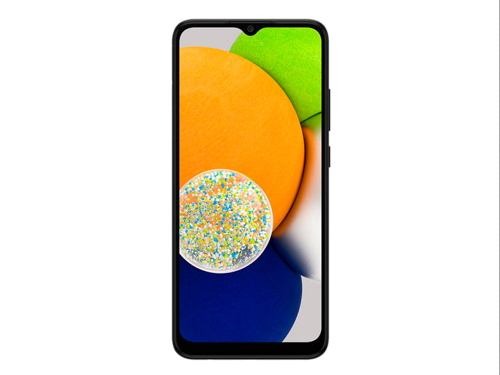 Smartphone Samsung Galaxy A03 color negro, vista frontal y posterior sobre fondo blanco.