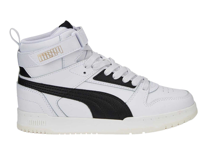 Tenis PUMA RBD Game JR en color blanco con detalles en negro, diseño de bota alta con correa de velcro.
