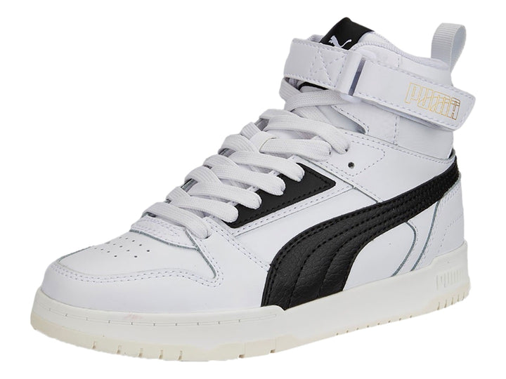 Tenis PUMA RBD Game JR en color blanco con detalles en negro, diseño de bota alta con correa de velcro.