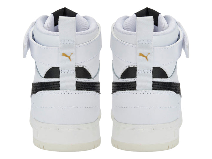 Tenis PUMA RBD Game JR en color blanco con detalles en negro, diseño de bota alta con correa de velcro.