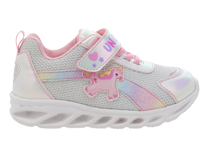 Tenis deportivos para niña color plata con detalles rosas y diseño de unicornio.