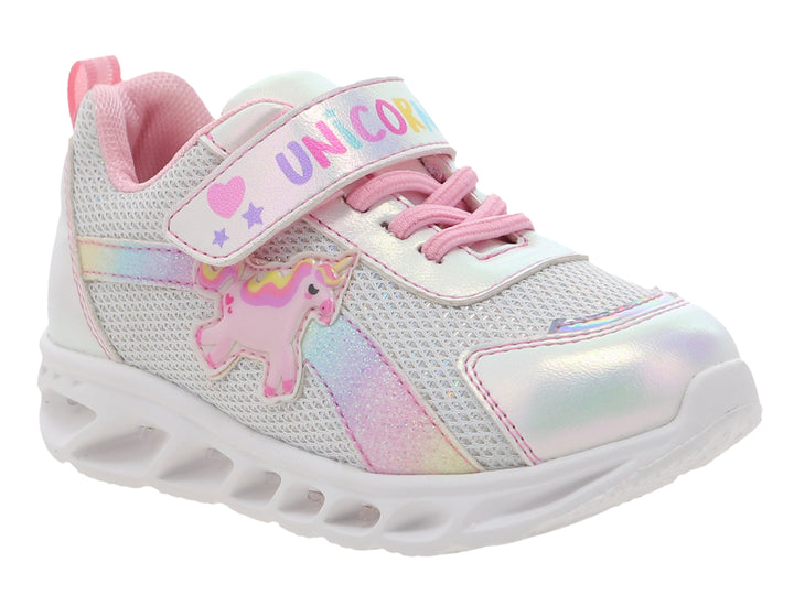 Tenis deportivos para niña color plata con detalles rosas y diseño de unicornio.