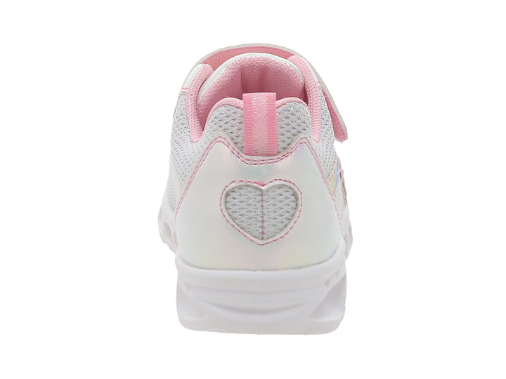 Tenis deportivos para niña color plata con detalles rosas y diseño de unicornio.