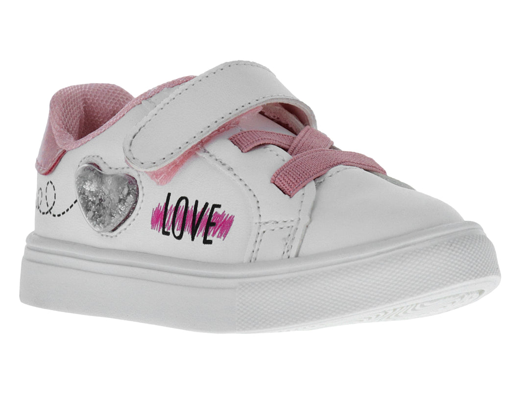 Tenis blancos para niña con detalles en rosa, agujetas decorativas y un corazón brillante con la palabra LOVE.