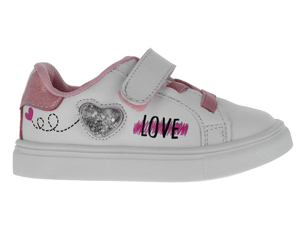 Tenis blancos para niña con detalles en rosa, agujetas decorativas y un corazón brillante con la palabra LOVE.