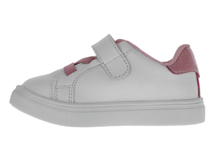 Tenis blancos para niña con detalles en rosa, agujetas decorativas y un corazón brillante con la palabra LOVE.