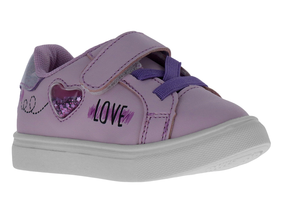 Zapato rosa para niña con detalle de corazón brillante, palabra LOVE y suela blanca.