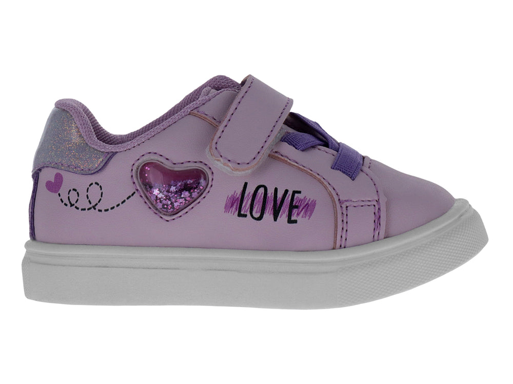 Zapato rosa para niña con detalle de corazón brillante, palabra LOVE y suela blanca.