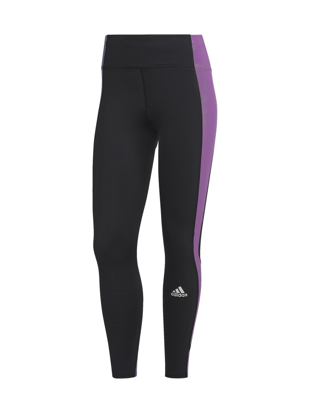 Mallas deportivas Adidas negras con panel lateral morado y detalle gris en el tobillo.