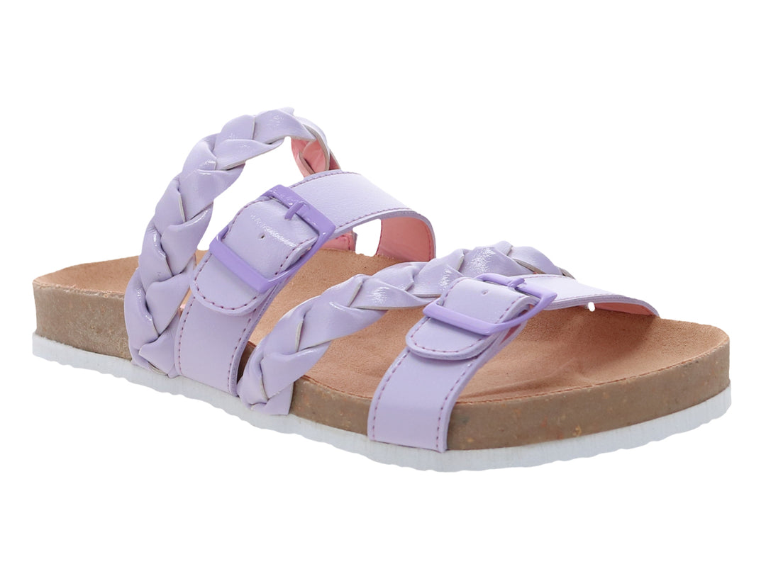 Sandalias color lavanda con tiras trenzadas, hebillas y suela de corcho sobre fondo blanco.
