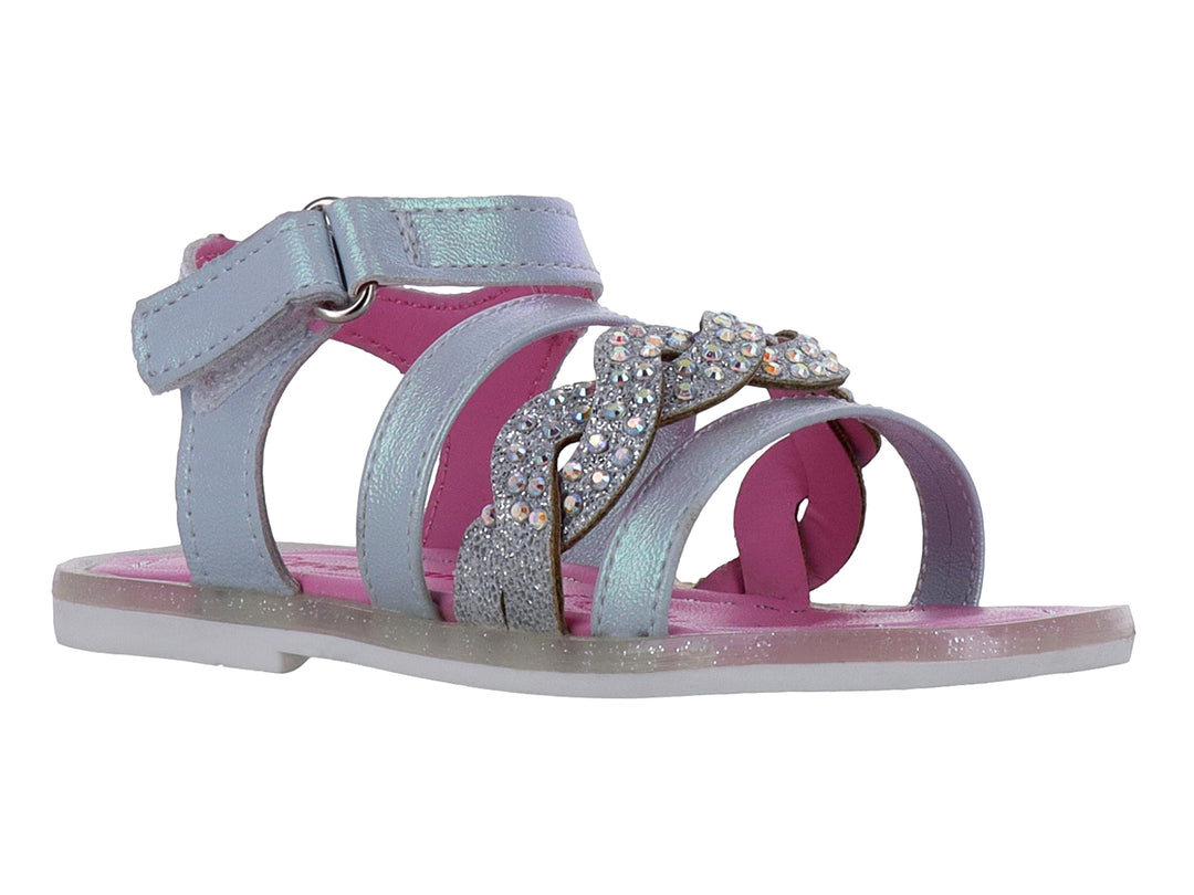 Sandalia para niña color plata brillante con forro rosa y detalles de pedrería.