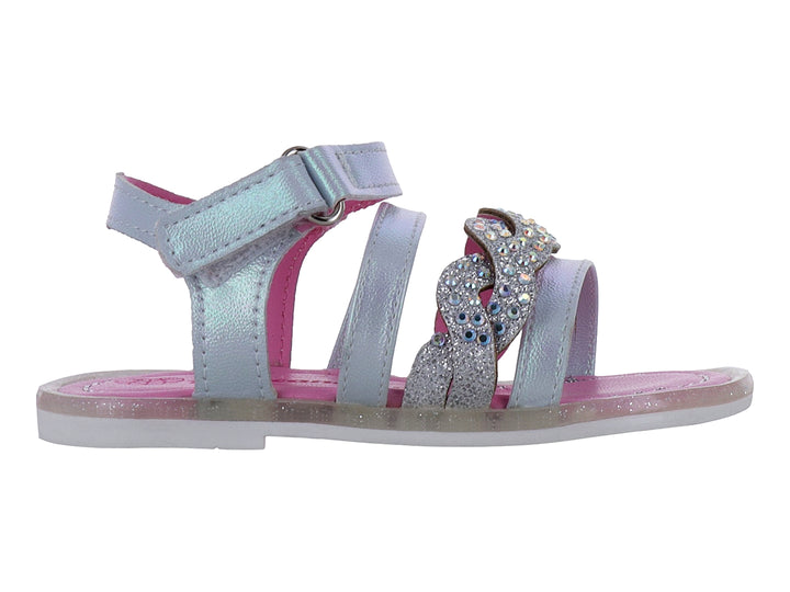 Sandalia para niña color plata brillante con forro rosa y detalles de pedrería.