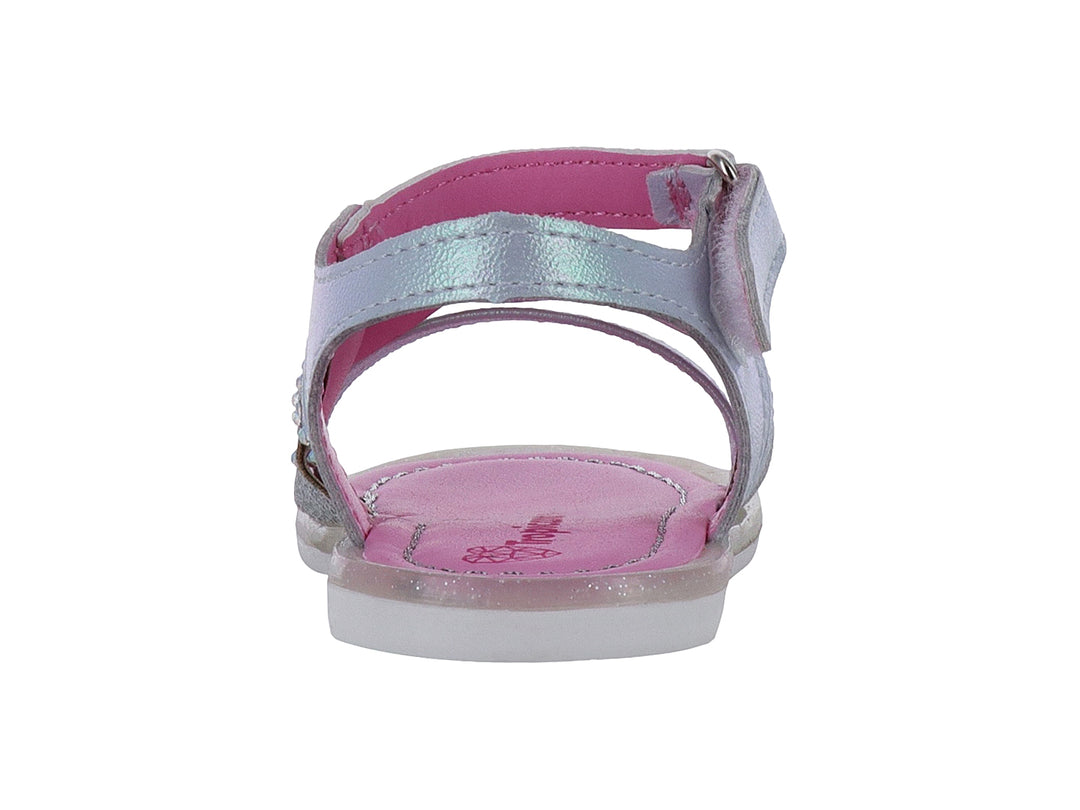 Sandalia para niña color plata brillante con forro rosa y detalles de pedrería.